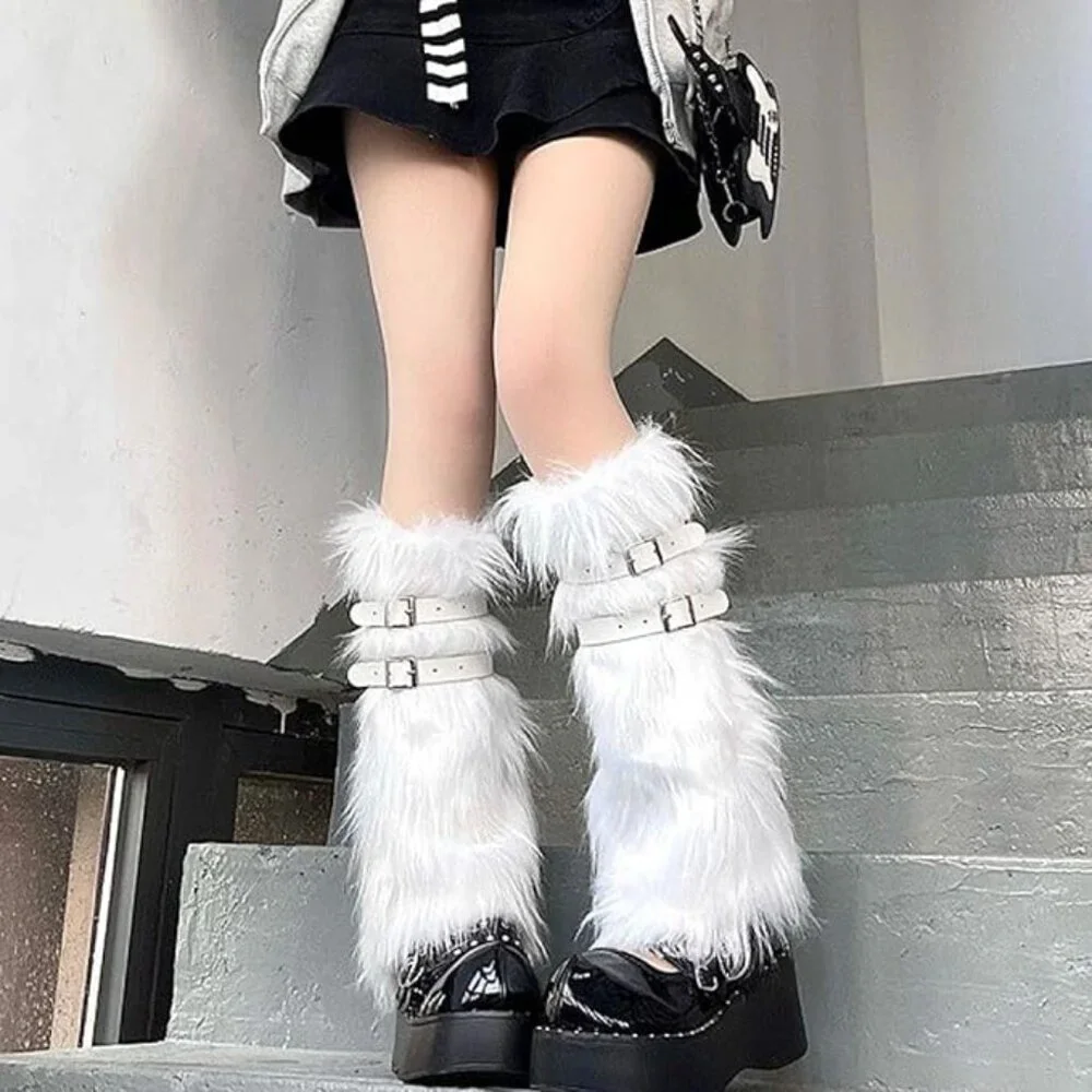 1 Pair Furry Leg Warmers + 4pcs Belts, Punk Boots Cuff Warmers
